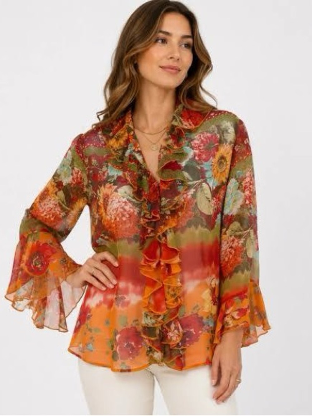 Coldwater Creek 100% Silk Ruffled Blouse size L